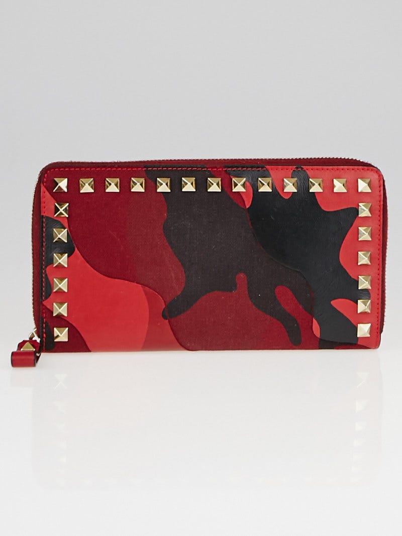 Valentino Red Camo Leather and Canvas Rockstud Continental Zip Wallet Yoogi s Closet