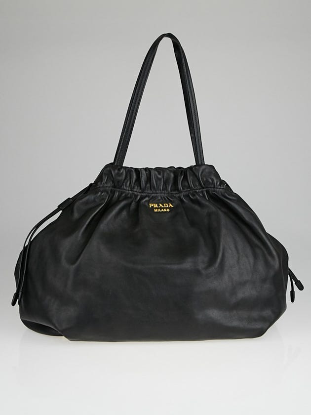Prada Black Soft Calf Leather Drawstring Shopping Tote Bag