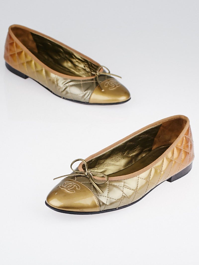 Chanel Gold Quilted Patent Leather CC Cap Toe Ballet Flats Size 9