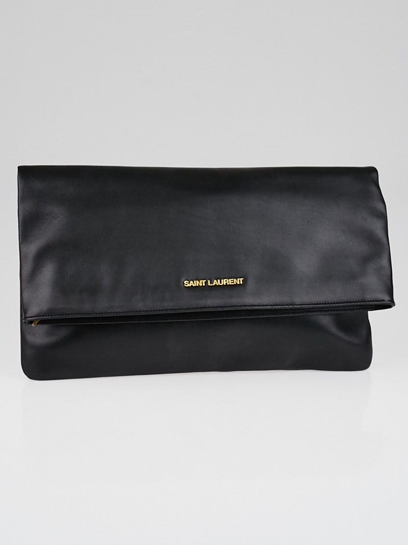 Yves Saint Laurent Black Calfskin Leather Letters Foldover Clutch