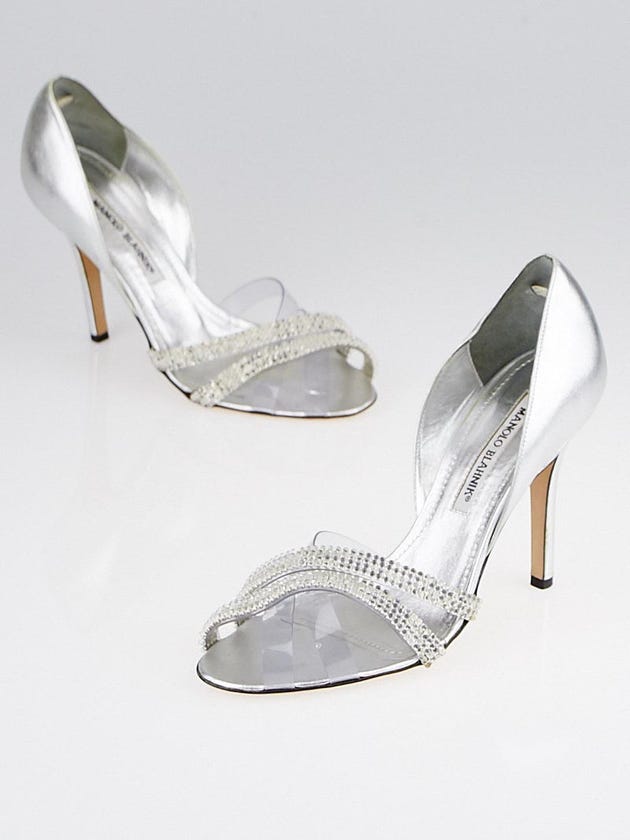 Manolo Blahnik Silver Leather and PVC Beaded Sandals Size 6.5/37