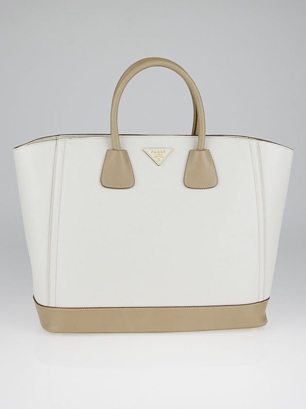 Prada Talco/Visone Saffiano Lux Leather Large Shopping Tote Bag B2454B