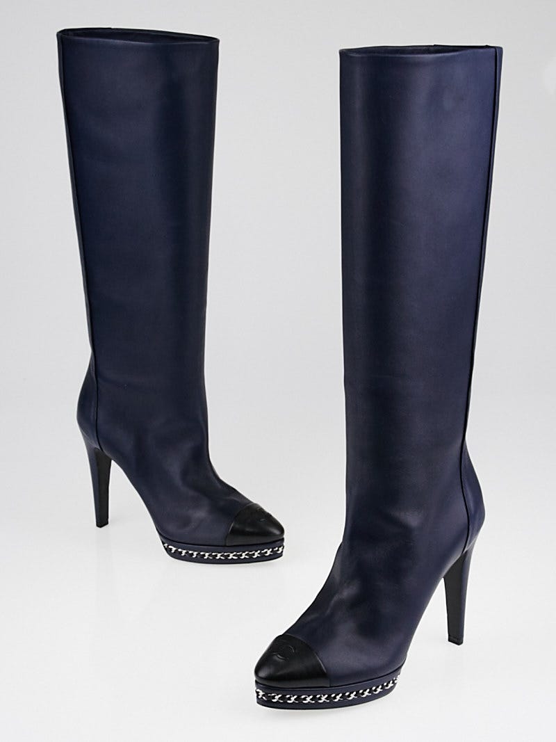 Navy blue leather knee high boots sales