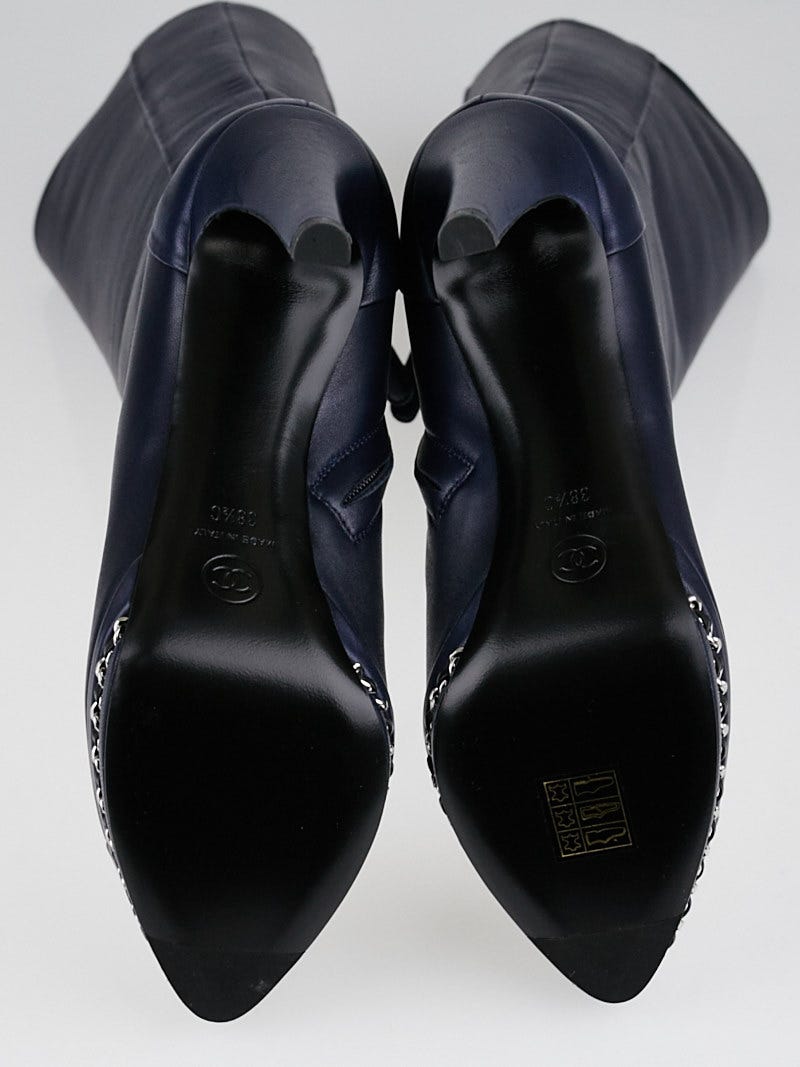 Chanel Navy Blue leather CC Cap Toe Knee-High Boots Size 8/38.5