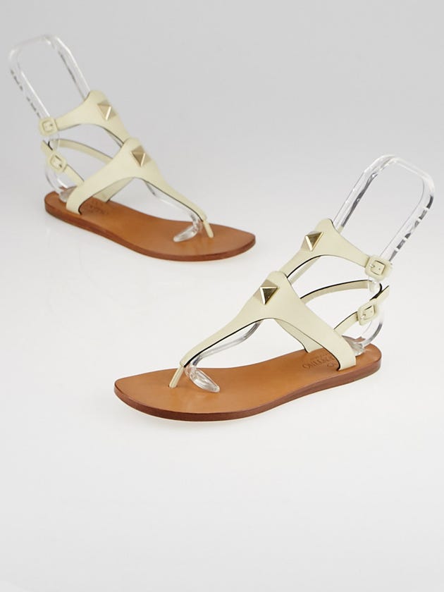 Valentino White Leather Rockstud Ankle Strap Thong Sandals Size 7.5/38