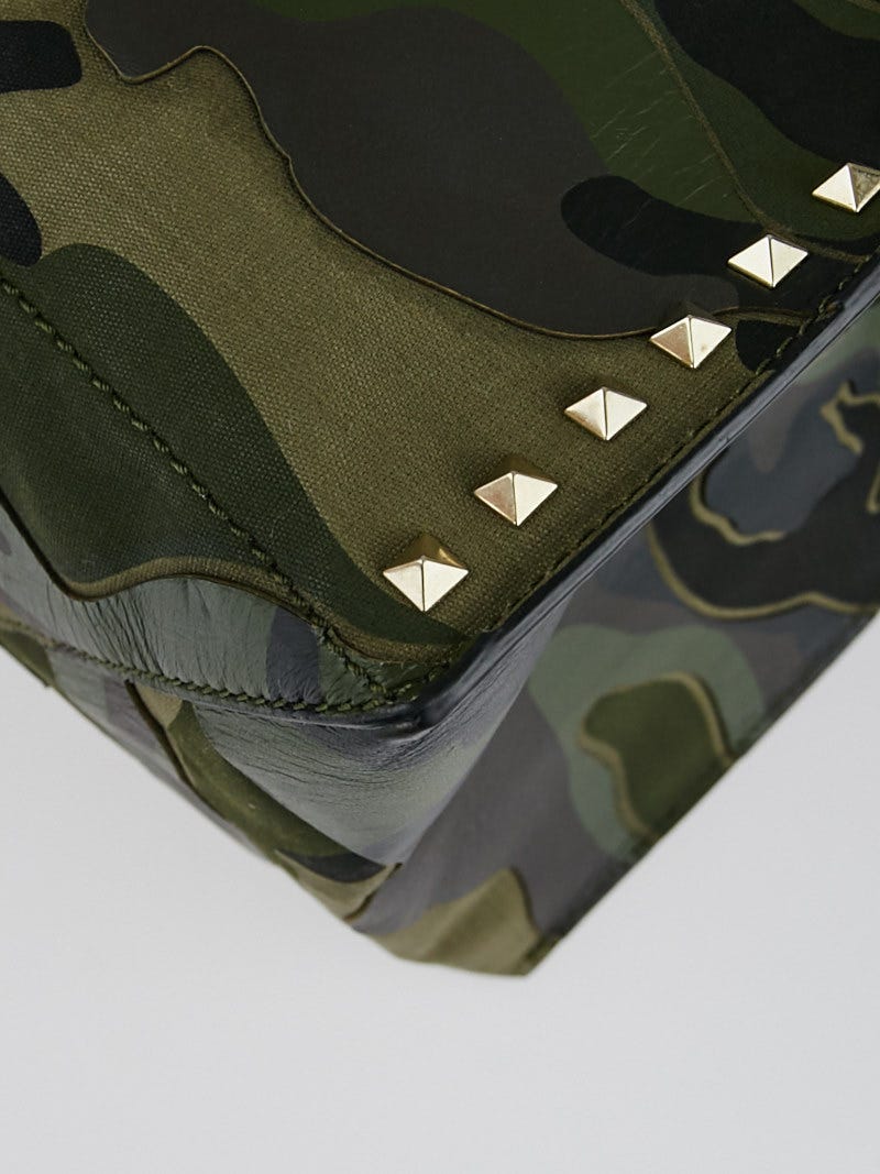 Valentino Camo Print Leather and Canvas Rockstud Tote Bag