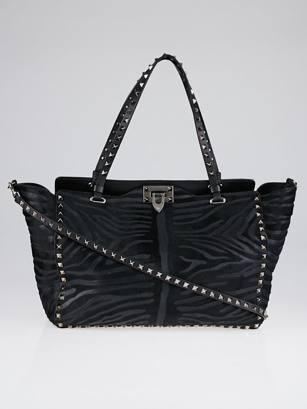 Valentino Black Leather and Calf Hair Zebra Print Rockstud Tote Bag