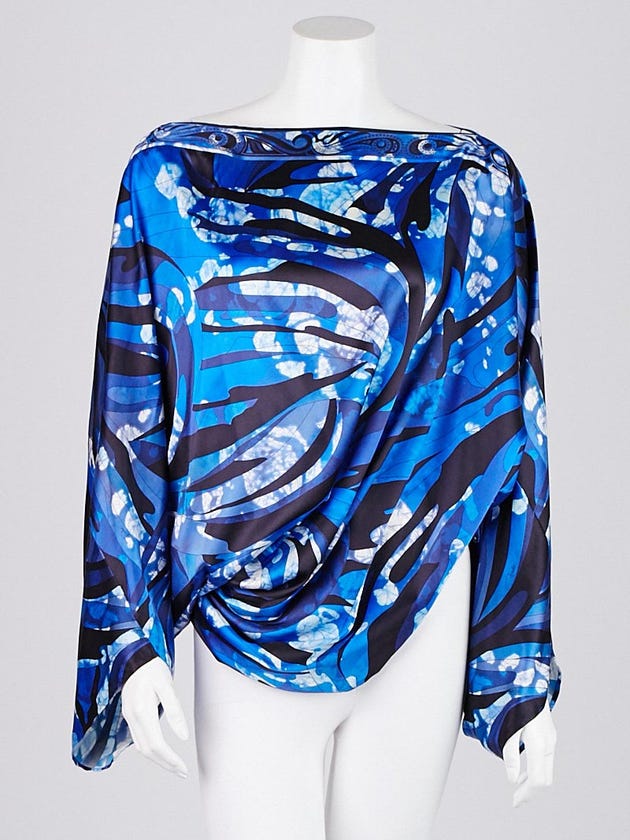 Emilio Pucci Blue Abstract Print Silk Drape Blouse Size 10/44