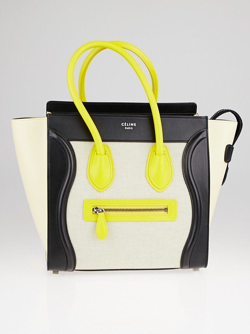 Celine Black Yellow Bright Yellow Leather and Beige Canvas Micro