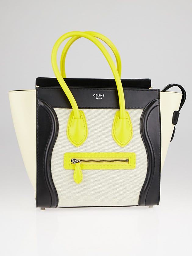 Celine Black/Yellow/Bright Yellow Leather and Beige Canvas Micro Luggage Tote Bag