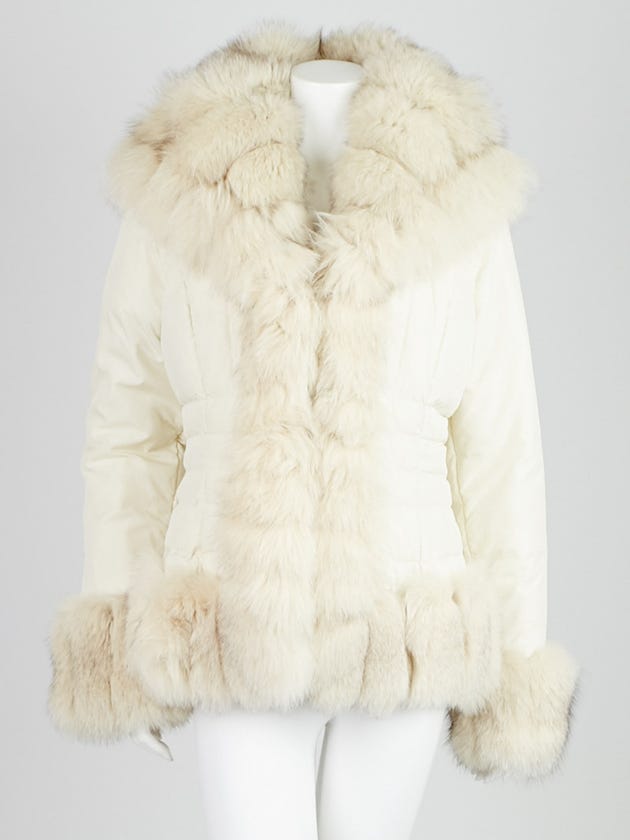 Moncler White Quilted Nylon Fur Trim Down Jacket Size 2/M