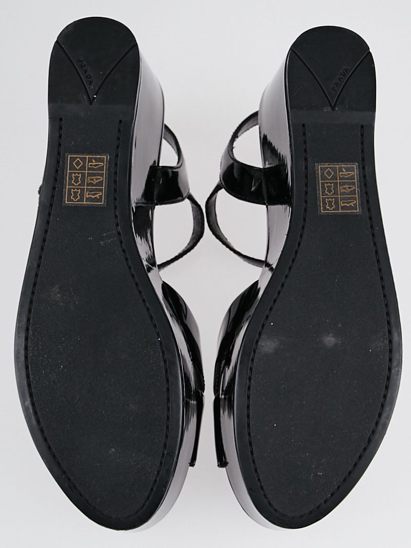 Prada Black Patent Leather Wedge Sandals Size 8/38.5