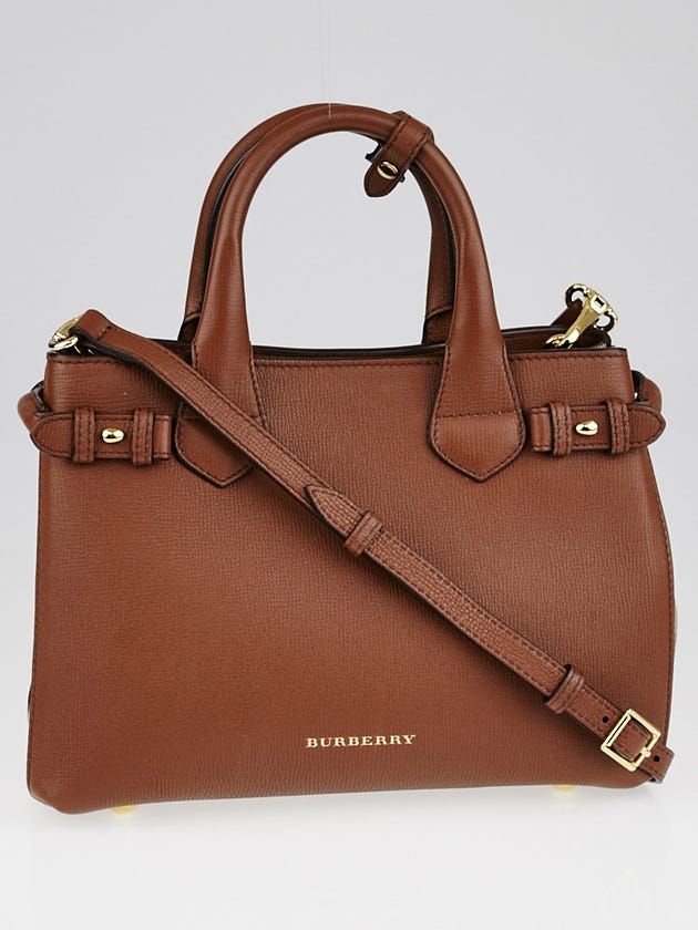 Burberry Tan Leather House Check Canvas Small Banner Tote Bag