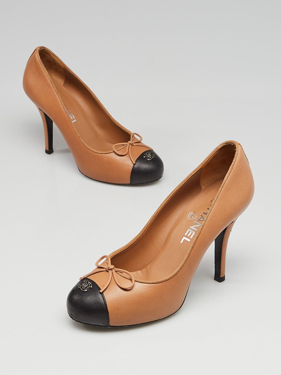 Chanel Brown/Black Lambskin Leather Cap Toe Platform Pumps Size 6/36.5