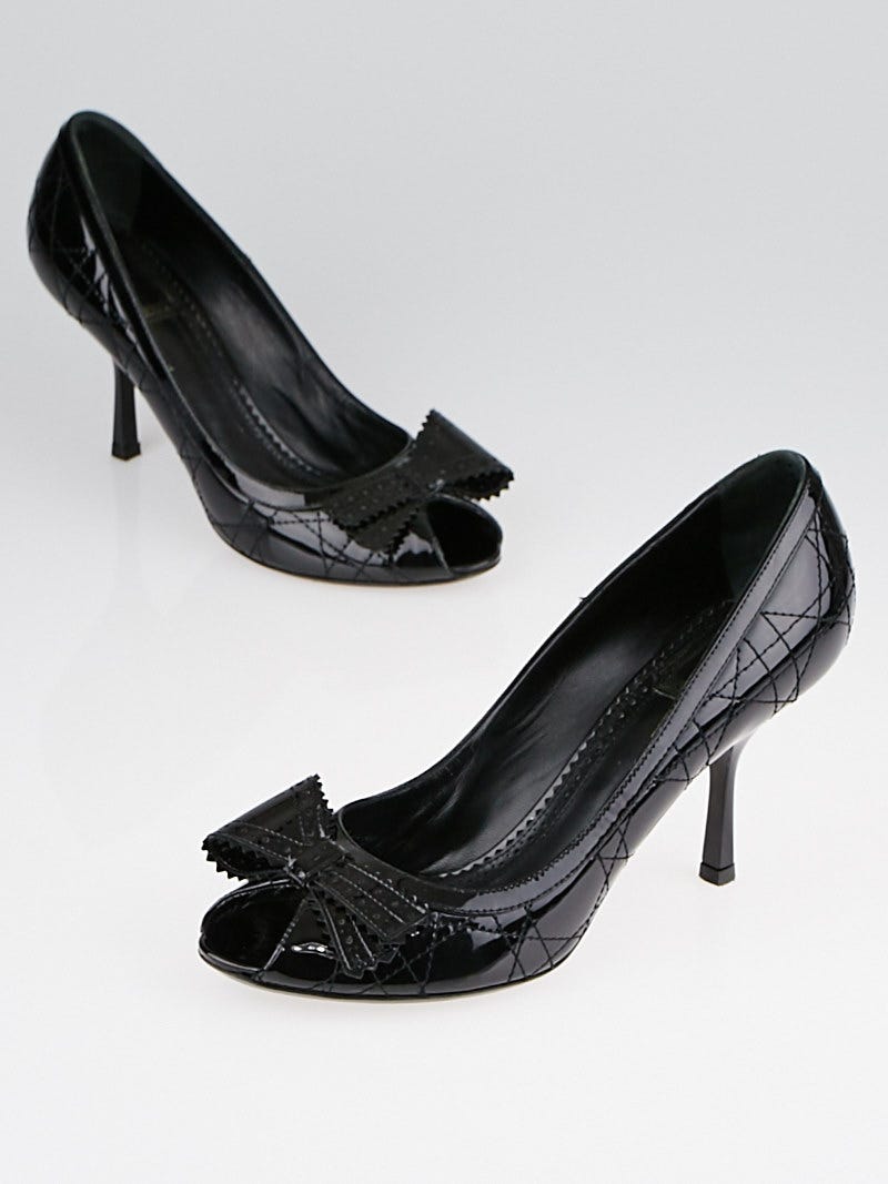 Christian Dior Black Cannage Quilted Patent Leather Peep Toe Pumps Size 9.5/40