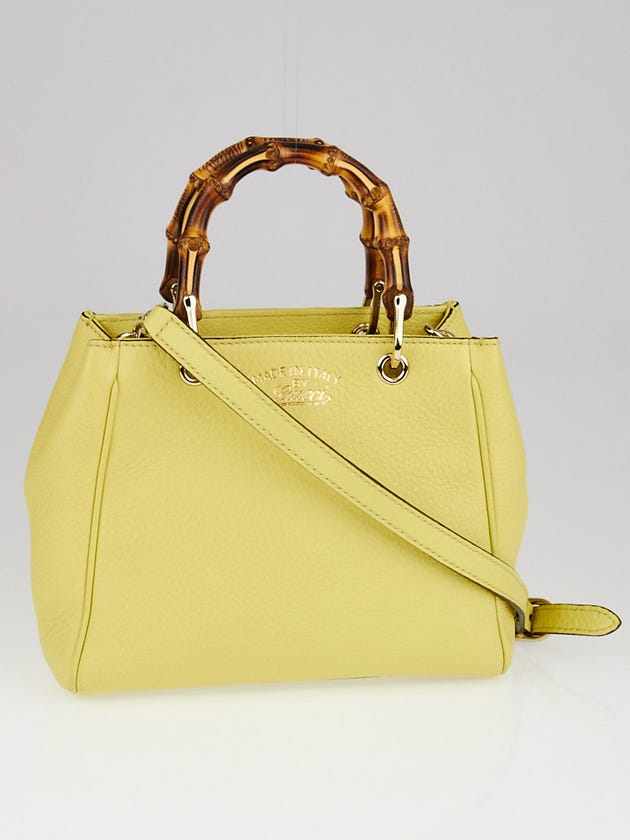 Gucci Light Yellow Pebbled Leather Mini Bamboo Top Handle Shopper Bag