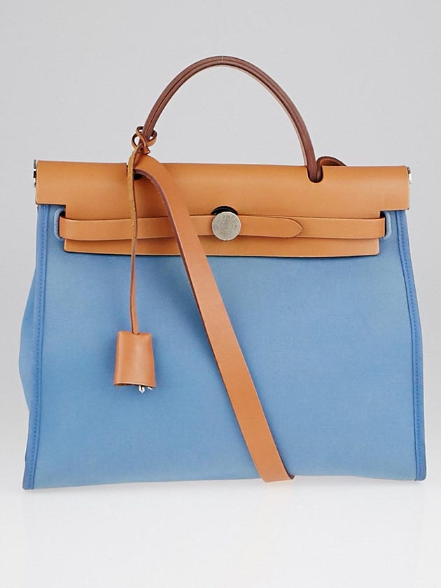 Hermes Blue Canvas and Natural Calfskin Leather Herbag Zip PM Bag