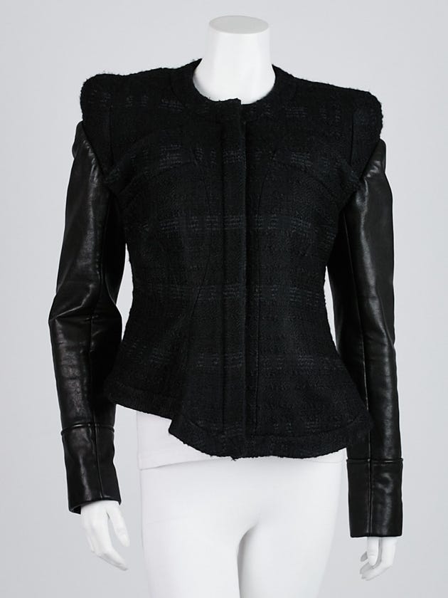 Givenchy Black Wool Blend Tweed Leather Sleeve Jacket Size 6/40