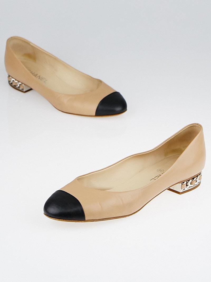 Chanel Beige/Black Leather Cap Toe Chain Ballet Flats Size 9.5/40
