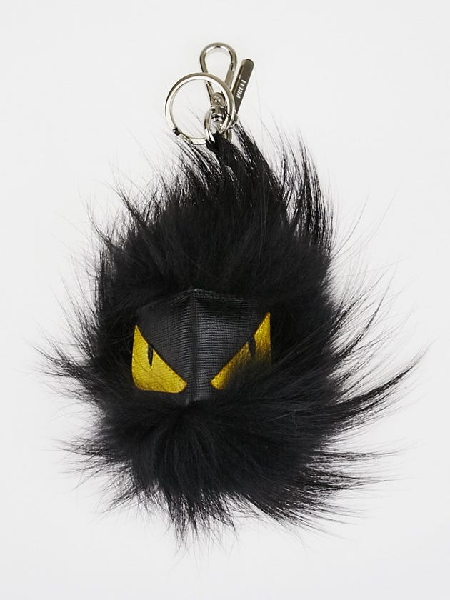 Fendi Black Fox Fur and Leather Cube Bug Bag Key Chain and Bag Charm 7AR436