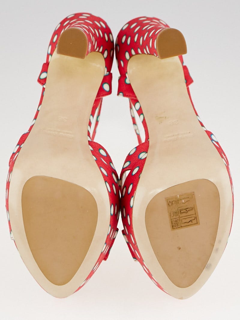 Miu Miu Red/White Polka Dot Canvas Strappy Platform Peep-Toe