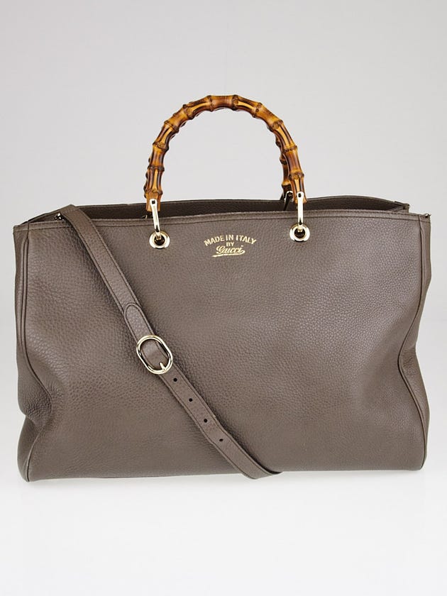 Gucci Grey Pebbled Leather Bamboo Shopper Tote Bag