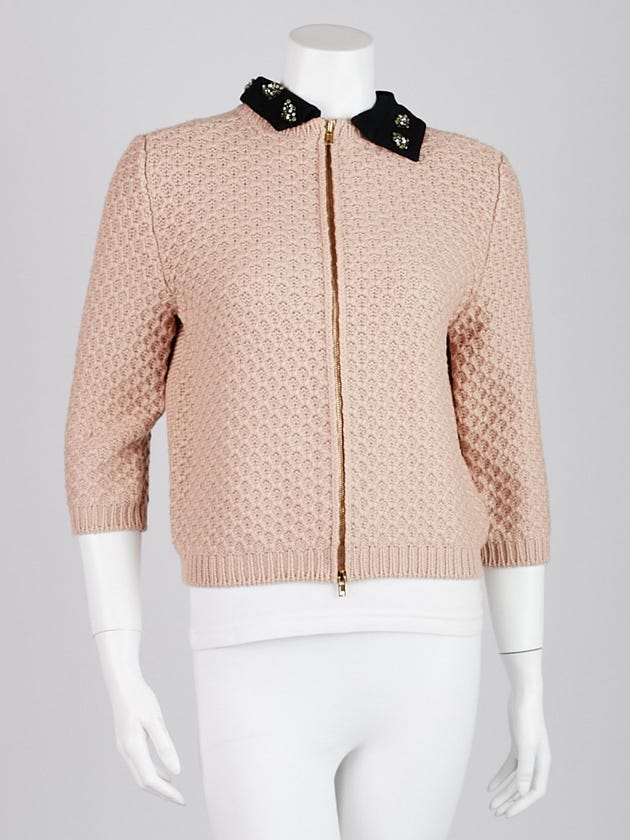 Miu Miu Pink Wool Jeweled Collar Cardigan Sweater Size 8/42