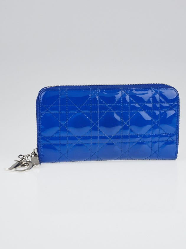 Christian Dior Blue Cannage Quilted Patent Leather Zippy Wallet