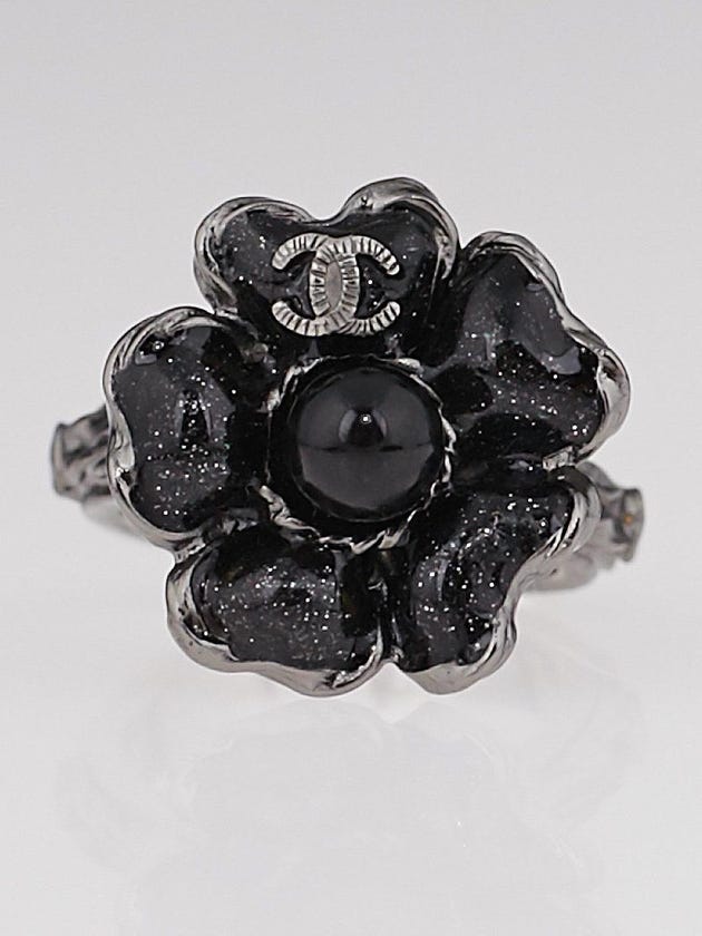 Chanel Black Enamel CC Flower Ring Size 7