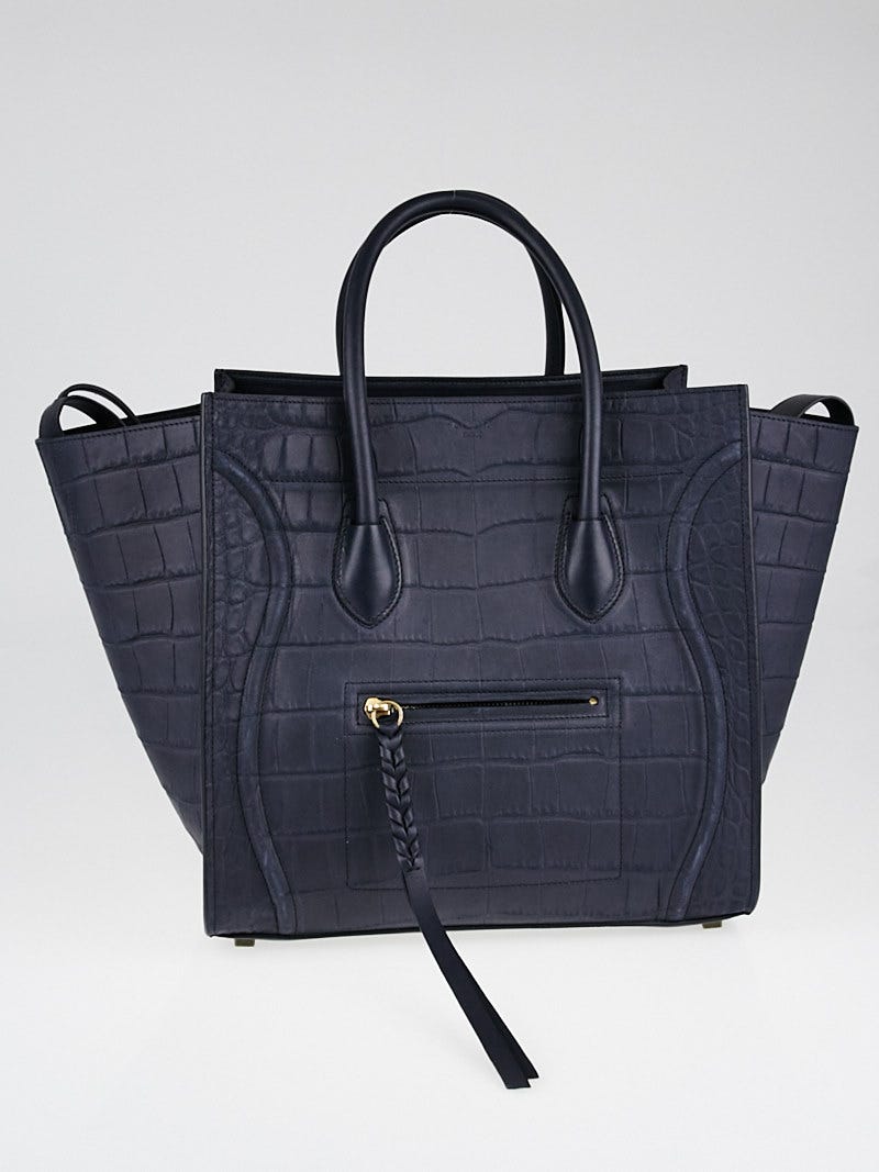 Celine Navy Blue Crocodile Stamped Nubuck Medium Phantom Luggage