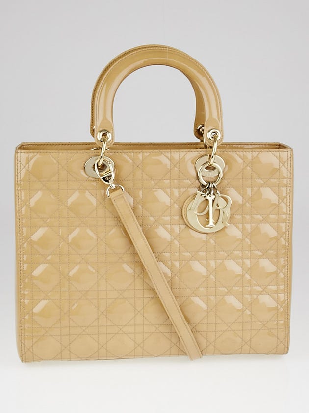 Christian Dior Beige Cannage Quilted Patent Leather Large Lady Dior Tote Bag