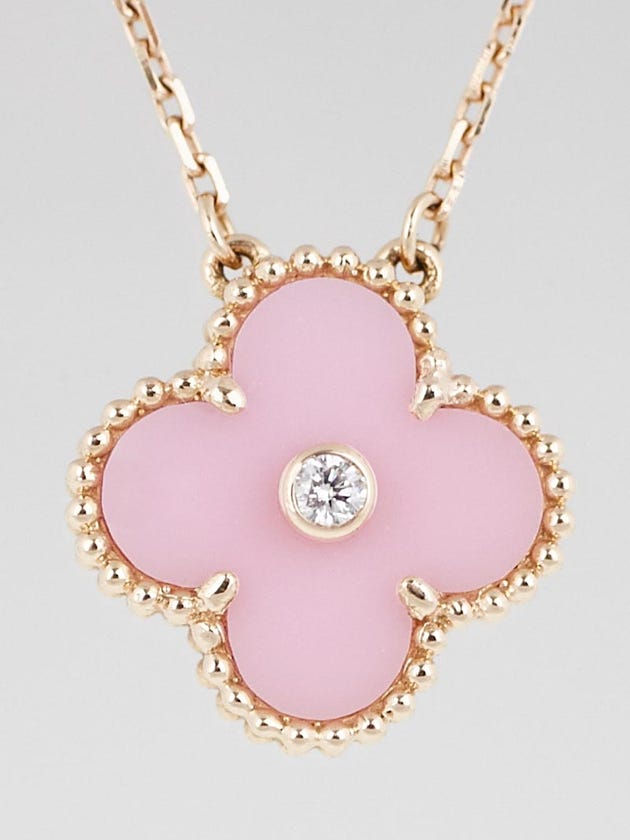 Van Cleef & Arpels 18k Pink Gold and Pink Sevres Porcelain Vintage Alhambra Pendant
