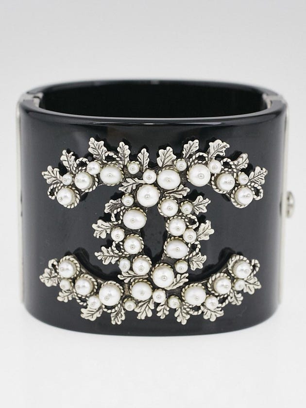 Chanel Black Resin and Glass Pearl CC Wide Cuff Bracelet