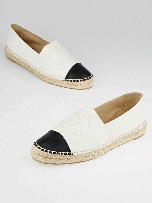 Chanel White/Black Lambskin Leather CC Espadrille Flats Size 9.5/40