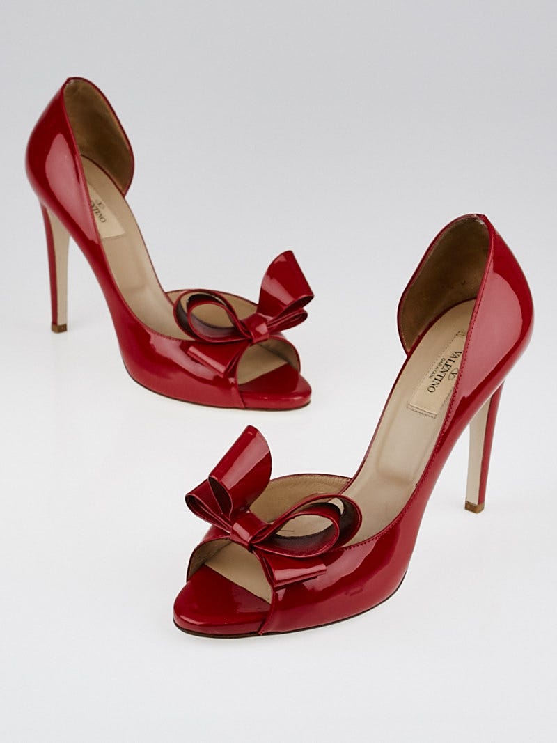Valentino Red Patent Leather Peep Toe Bow Pumps Size 9.5 40