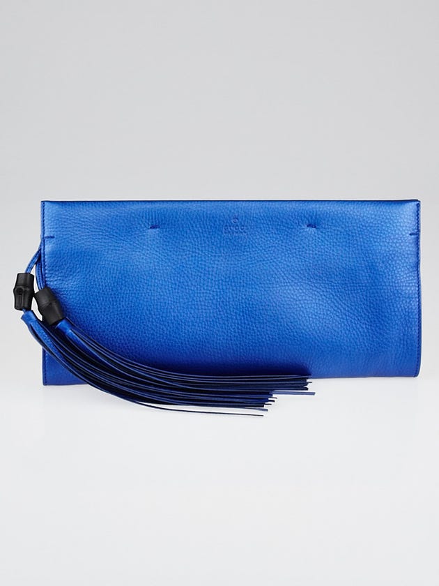 Gucci Metallic Blue Nouveau Leather Bamboo Tassel Large Clutch Bag