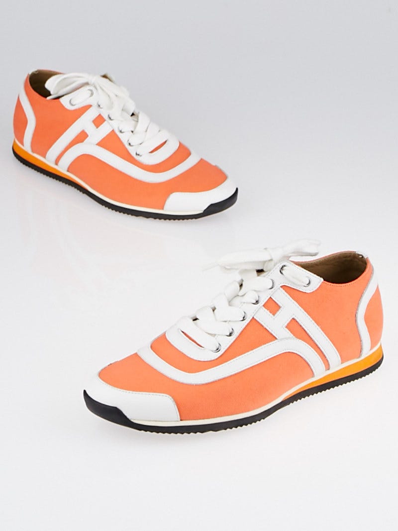 Hermes Orange Canvas and White Calfskin Kool Sneakers 6.5 37