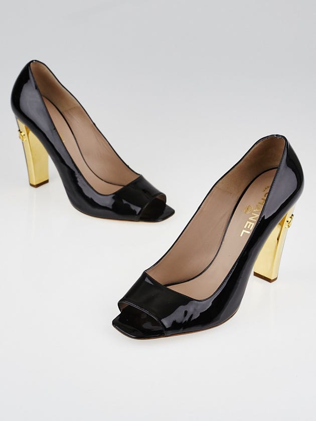 Chanel Black Patent Leather Peep Toe Pumps Size 10.5/41