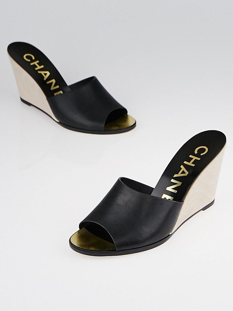 Chanel Black Leather Slide Mule Wedges Size 8.5 39 Yoogi s Closet