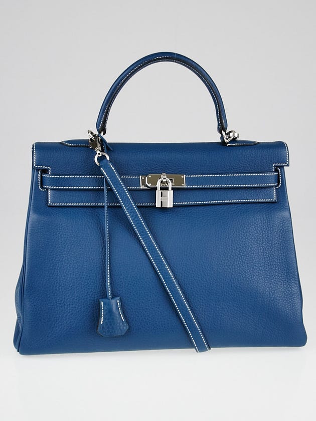Hermes 35cm Bleu de Prusse Clemence Leather Palladium Plated Kelly Retourne Bag