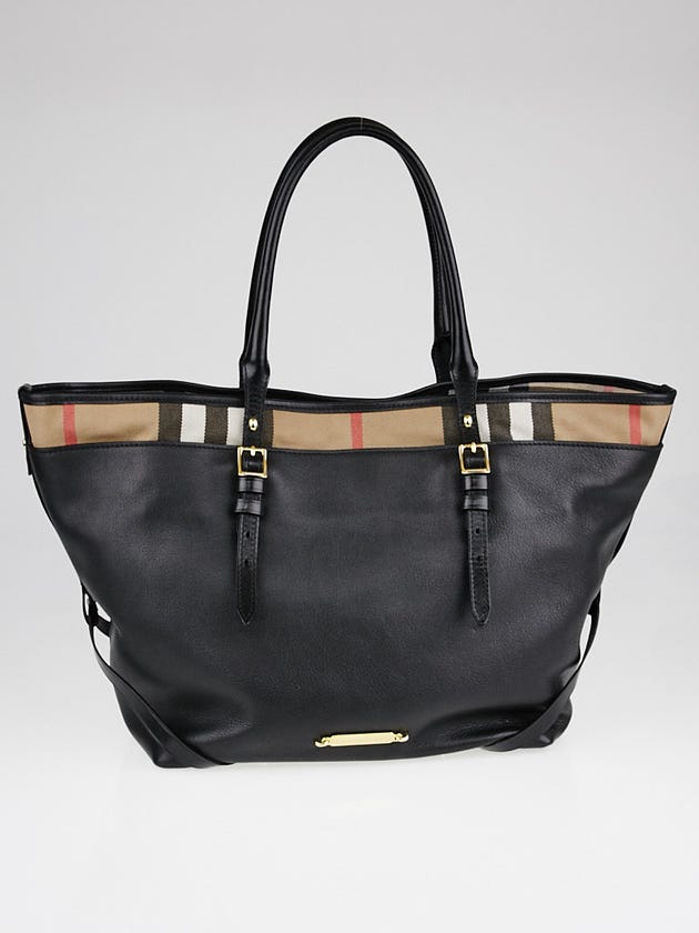 Burberry Black Soft Leather and House Check Canvas Medium Salisbury Tote Bag