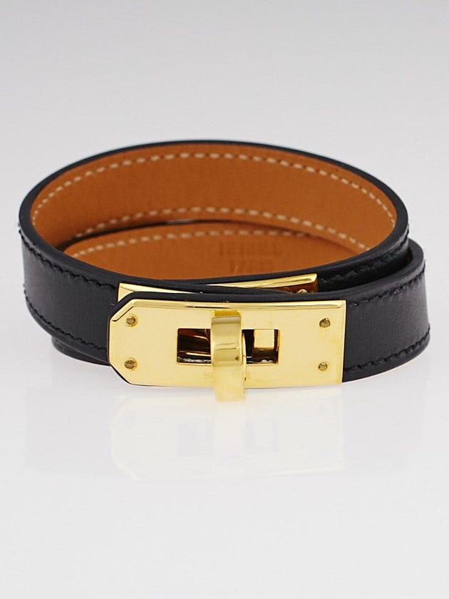 Hermes Black Swift Leather Gold Plated Kelly Double Tour Bracelet Size S
