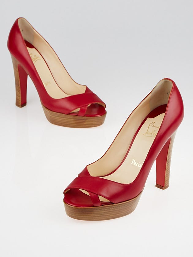 Christian Louboutin Red Leather Peep Toe Platform Heels Size 8.5/39