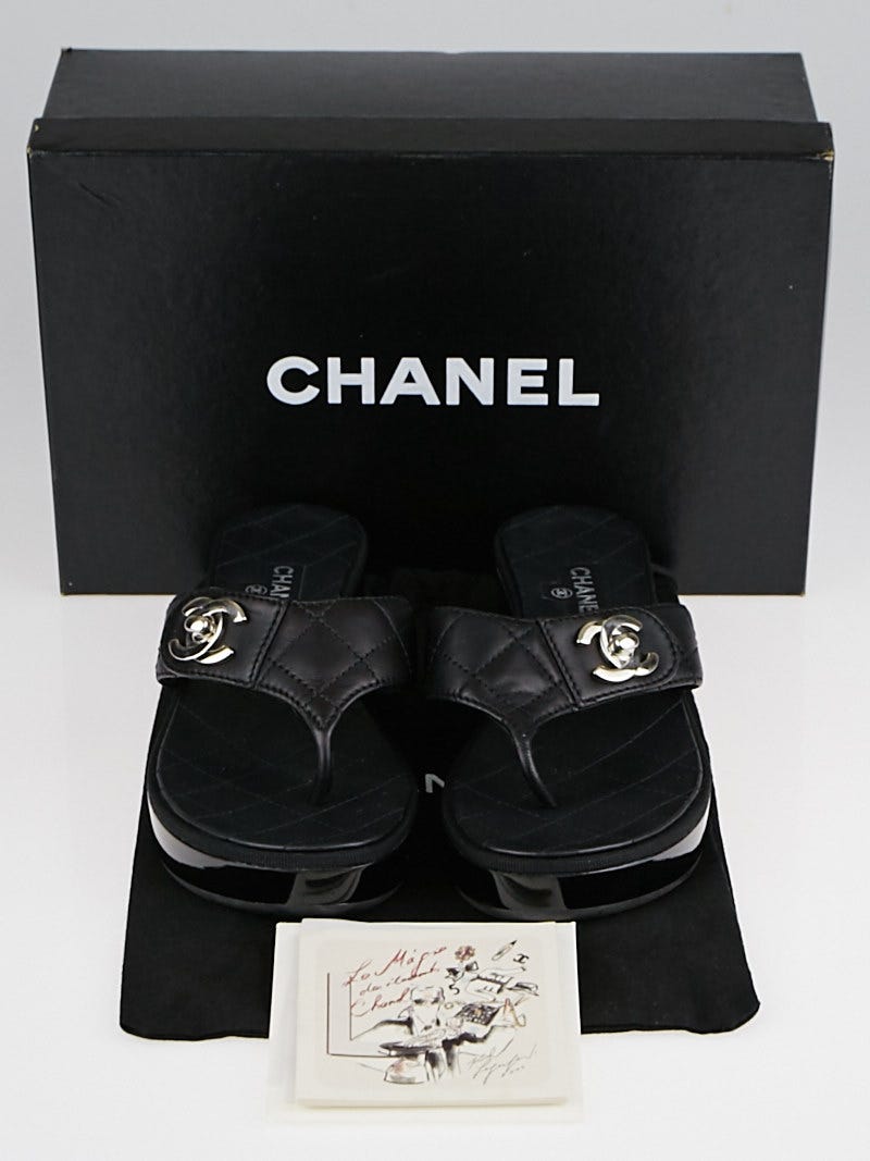 Chanel Black Quilted Leather Platform Thong Sandals Size 8 38.5