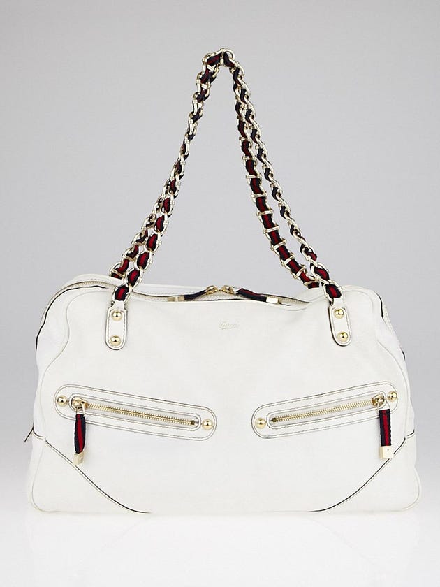 Gucci White Leather Vintage Web Chain Princy Large Boston Bag