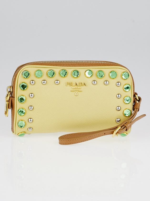 Prada Ananas Saffiano Borchi Leather Jeweled Wristlet Clutch Bag 1N021M