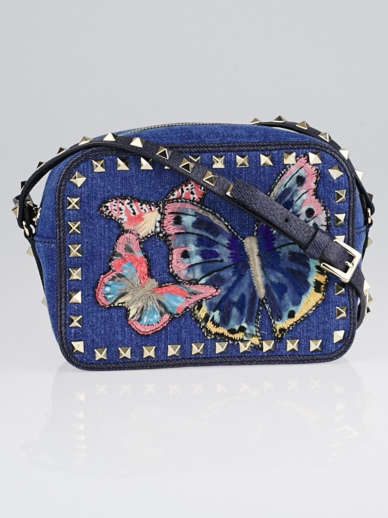 Valentino Blue Denim and Butterfly Applique Rockstud Shoulder Bag Yoogi s Closet