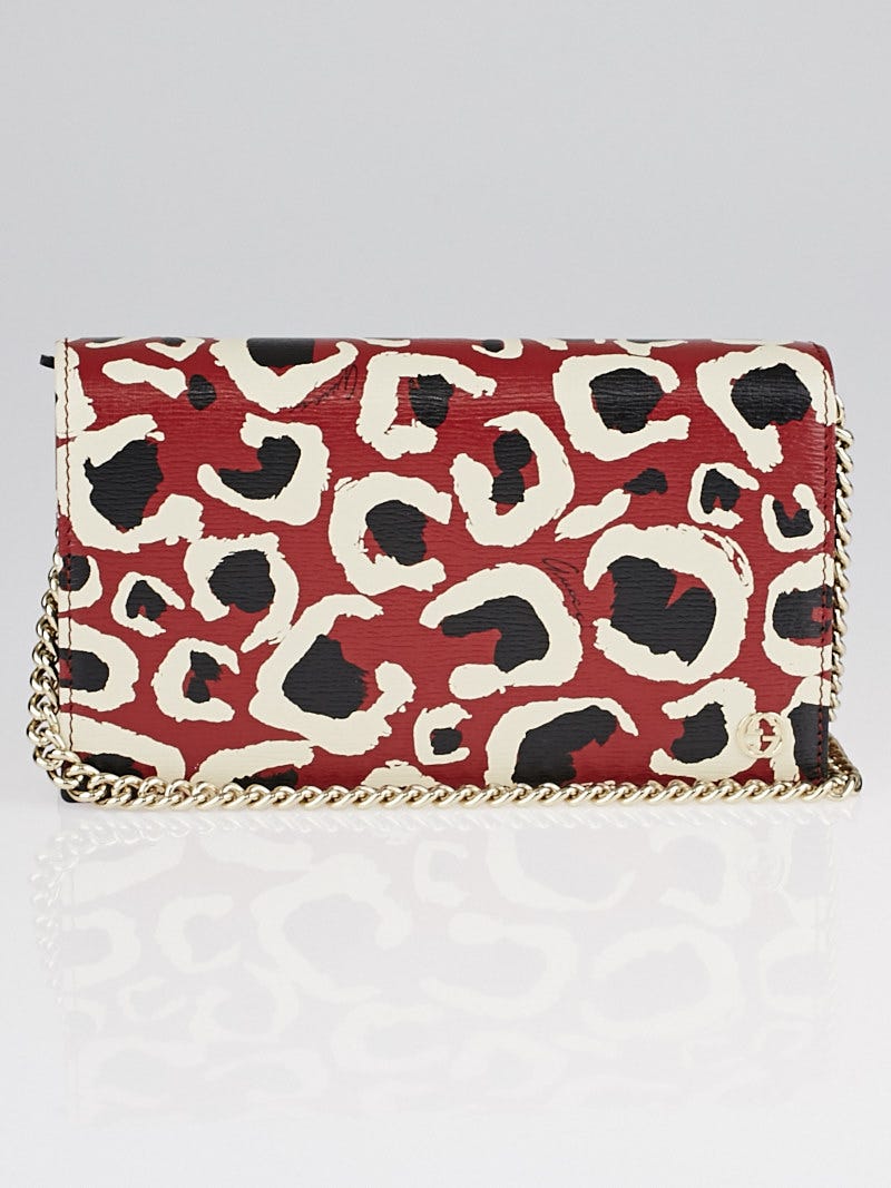 Gucci Red Black Leopard Print Leather Betty Wallet on Chain Clutch