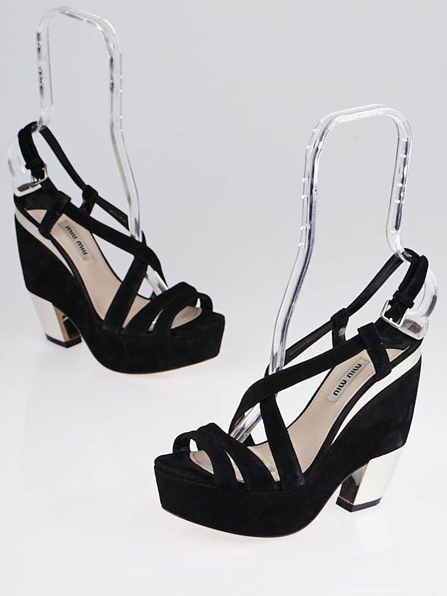 Miu Miu Black Suede Leather Platform Wedge Sandals Size 6/36.5
