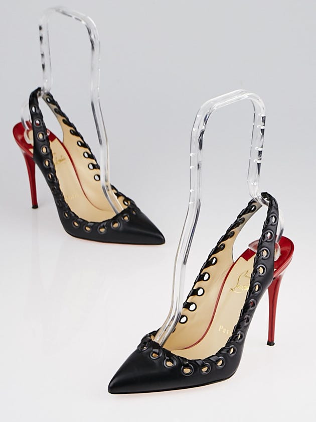 Christian Louboutin Black/Rouge de Mars Leather and Patent Leather Ostri Sling 100 Pumps Size 6.5/37